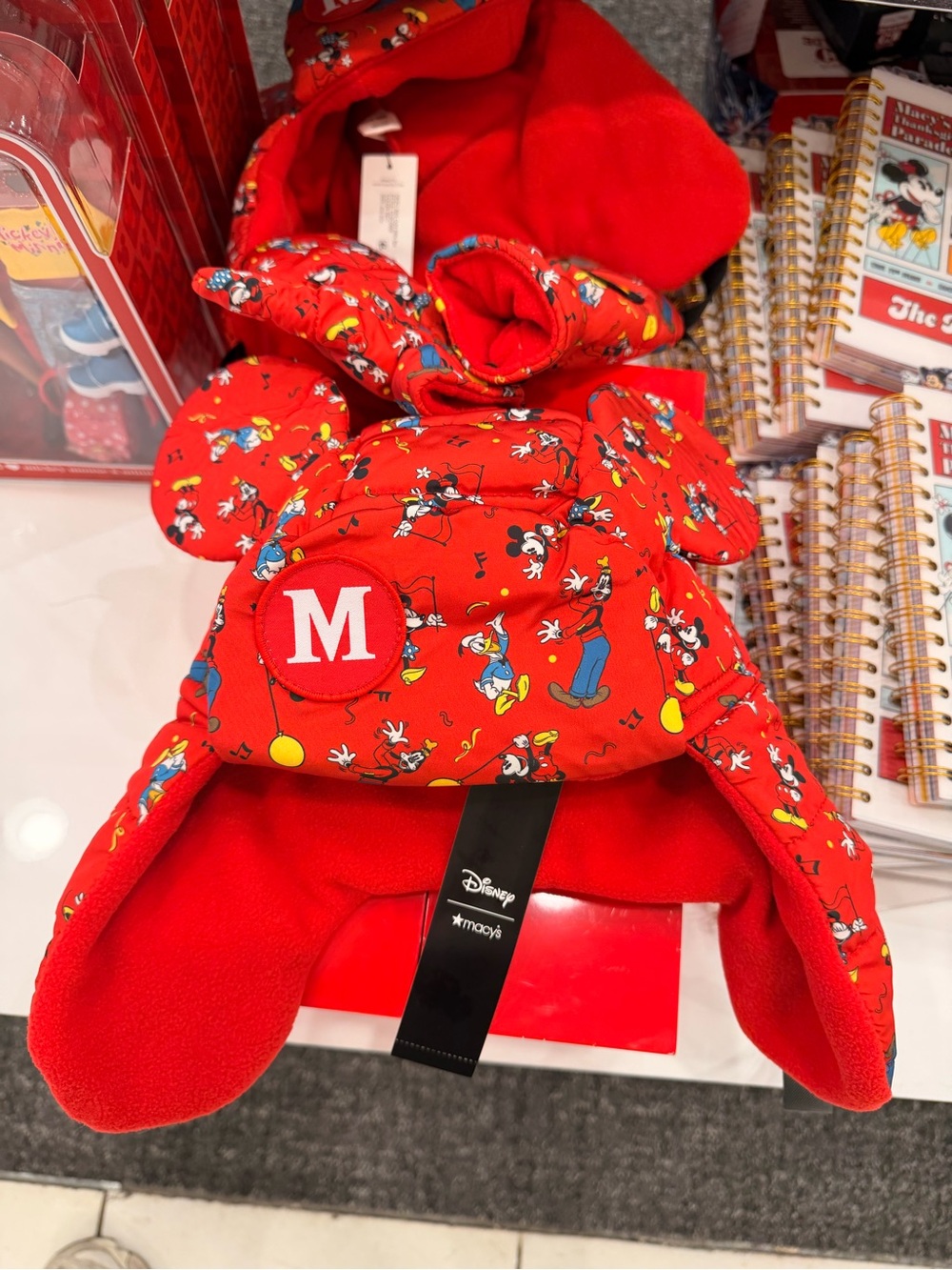 Disney Red Mickey Mouse Ear Winter Hat with 'M' Patch and matching gloves